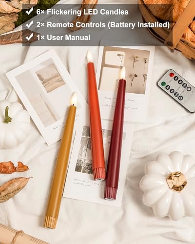 Stmarry Fall Flameless Taper Candles with Remote and Timer, 9.65 Inch Real Wax LED Candlesticks, Battery Operated Thanksgiving Candles with 3D Flickering Flame, Bordeaux, Terra Cotta & Caramel, 6 Pack - Image 3
