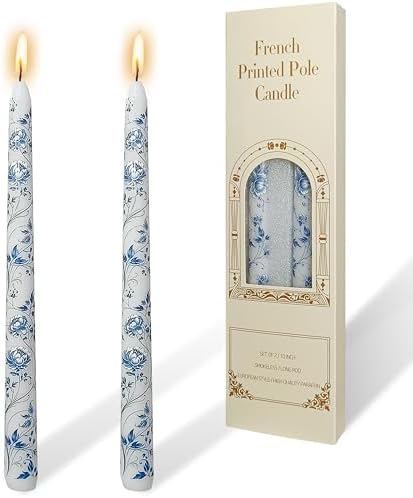 Blue and White Porcelain Taper Candles 10 inch - 2 Pack Peony Pattern Printed Smokeless, Unscented Tall Candlesticks Perfect for Home Decor, Weddings, and Special Occasions by YUKCAXDLS