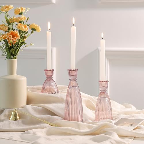 Vertical Stripe Candlestick Holders Set of 3, Premium Glass Candle Holders for Candlesticks and Taper Candles, Vintage Candle Holder Decor for Table Centerpiece, Pink by Joyfice