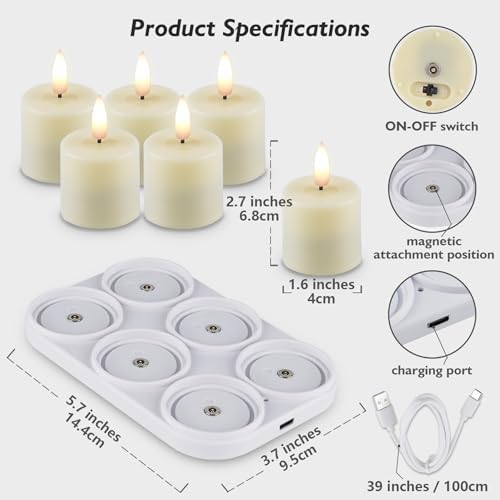 Rhytsing 6 Rechargeable Flameless Votive Candles with Timer for Home Decor, Led Faux Battery Operated Tealight Candles with Magnetic Charging Base, Type-C USB Cable, Remote Included-D1.6 X H2.7 inches - Image 3