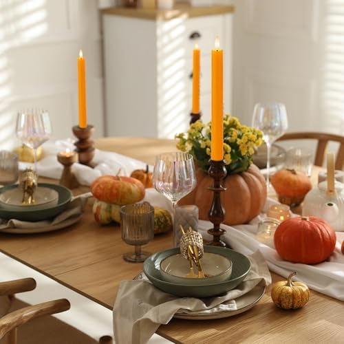 Orange Flameless Taper Candles with Remote and Timer, 9.65" Real Wax LED Candlesticks, Battery Operated Autumn Candles with 3D Flickering Flame, Thanksgiving & Halloween Table Decor, 3 Pack - Image 4
