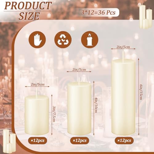 36 Pcs Ivory Pillar Candles Bulk Set，Hurricane Candles，3 Different Lengths 2 x 3/4/6 Inch (12 Each)，Dripless Unscented Smokeless，Gives You a Better Atmosphere When Organizing an Event Party. - Image 2