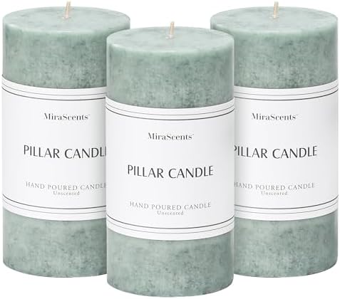 3x6 Inch Sage Green Pillar Candles Set of 3, Unscented Green Pillar Candle by MiraScents