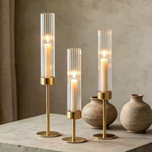 Hurricane Candle Holders Brass Gold Candlestick Holders Tall Taper Candle Holders for Candlesticks Candle Sticks Holder Decor for Table Centerpiece Wedding Party Decorations (Gold-Ribbed Glass 3pcs) by Degruand