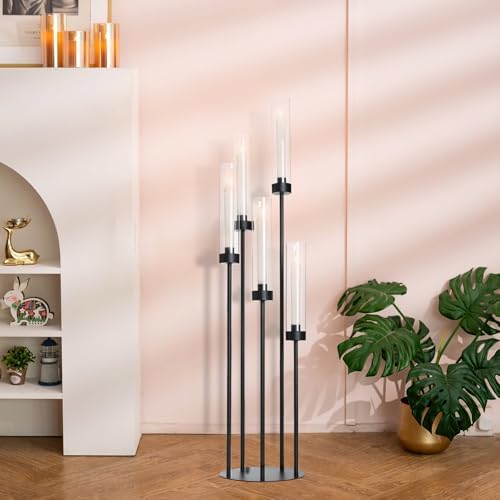 39.8''Matte Black Candle Holder with Acrylic Shades Tall 5 Arm Candelabra Black Table Centerpiece for Wedding Living Dining Room Fireplace Decoration Fit 0.98''LED Taper Candle - Image 5
