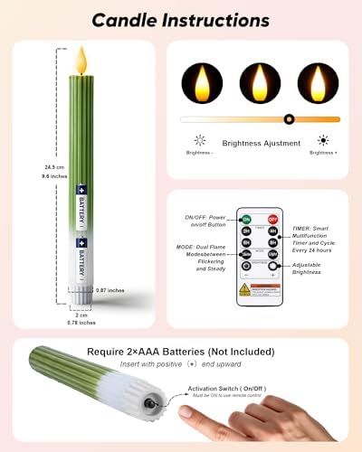 Real Wax Flameless Taper Candles Battery Operated, LED Candlesticks with Remote for Flickering and Timer, Green Striped Decorative Candles for Christmas, Home,and Relaxing Spaces - Image 7