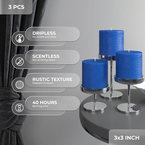 CANDWAX 3x3 Pillar Candles Set of 3 - Rustic Unscented No Drip Blue Candles for Home Decor, Weddings, Centerpieces - Image 3