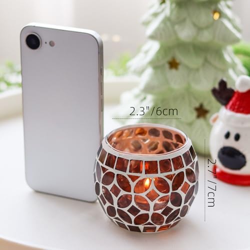 SHMILMH Mosaic Candle Holders Set of 4, Handmade Glass Tealight Votive Holders, Fall Thanksgiving Diwali Decor, Autumn Wedding Party Table Centerpiece, Brown Orange Green - Image 7