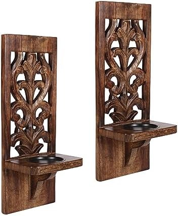 Burnt Wood Wall Sconces Set of 2 - Wall Mounted Pillar Candle Holders for Christmas Decoration, Rustic Wooden Scones, 16 Inch Wall Décor for Living Room & Bedroom - Image 4
