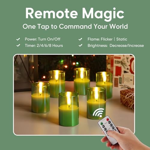 Green Christmas Flameless Votive Candles with Remote Batteries, Glass Flickering LED Battery Candles Set of 6 Φ 2" H 3" - Image 4