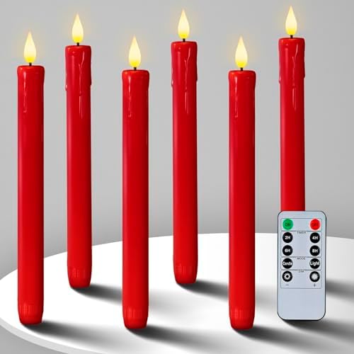 Homemory 6 Pcs Flameless Taper Candles with Remote Timer Dimmer, Red Battery Operated Candlesticks Flickering, Plastic Led Taper Candles Realistic, 9.6 Inches for Party Holiday Celebrations Christmas by Homemory