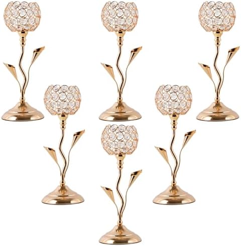6 Pcs Gold Crystal Candle Holders 12.3" Tealight Wedding Table Centerpiece by JOYLIGHTORIGINALS