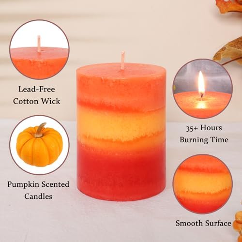 3×4 Inch Orange Pillar Candles, Pumpkin Scented Candles - 35+ Hour Long Lasting Clean Burning, Fall Harvest Celebration Aromatherapy Candles for Thanksgiving Day Dinner Table Décor, Set of 3 - Image 2