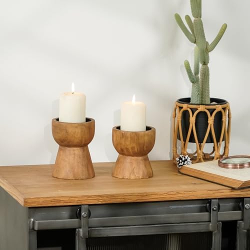 NIKKY HOME Farmhouse Wooden Pillar Candle Holders Set of 2, Mantel Decor - Image 3