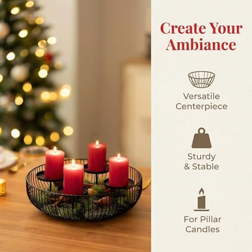 4-Tray Matte Black Candle Holder - Round Pillar Candle Holder for Fireplace Mantel, Dining Table Centerpiece, Modern Wire Basket Candle Stand for Home Decor, Wedding & Holiday Decorations - Image 4