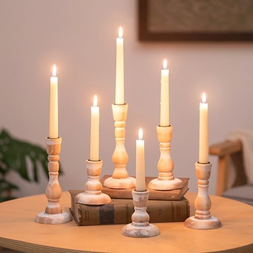 NUPTIO Wooden Taper Candle Holders, Set of 6 White Candlesticks by Nuptio