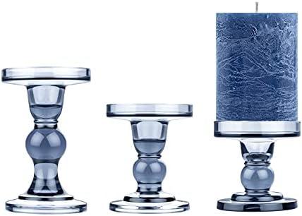 KiaoTime Set of 3 Glass Pillar Candle Holder Candlestick Taper Candle Set Crystal Blue Candlesticks Holder for Home Fireplace Table Bath Wedding Decoration by KiaoTime