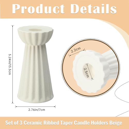 Honeydak Set of 3 Ceramic Taper Candle Holder Cream White, Matte Fluted - Image 4