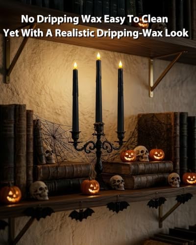 6 PCS Black Flameless Taper Candles with Remote and Timer, Real Wax LED Candlesticks with 3D Wick Light, 9.6 Inches Wax Drip Fake Candles for Halloween Party Home Decor - Image 2