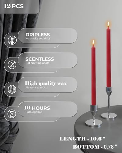 Wine Red Taper Candles Dripless Tapered Candlesticks-Smokeless,Unscented,Long Burning-Hand Poured,Colored for Home Decor Wedding, Dinner-10.6inch,Set of 12 - Image 2