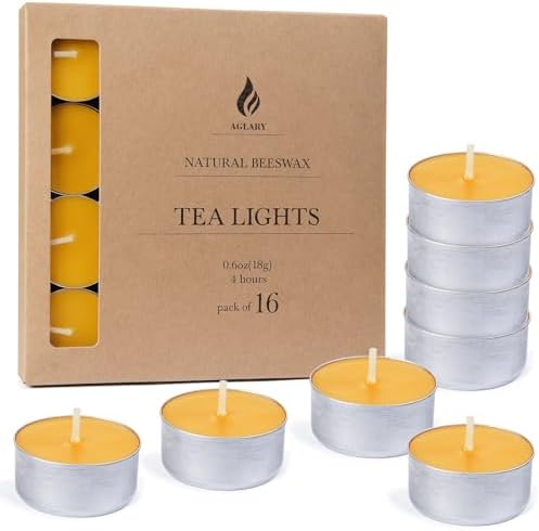 16PCS Beeswax Tealight Candles, Aluminum Cups, 4H Burn, Unscented by Aglary
