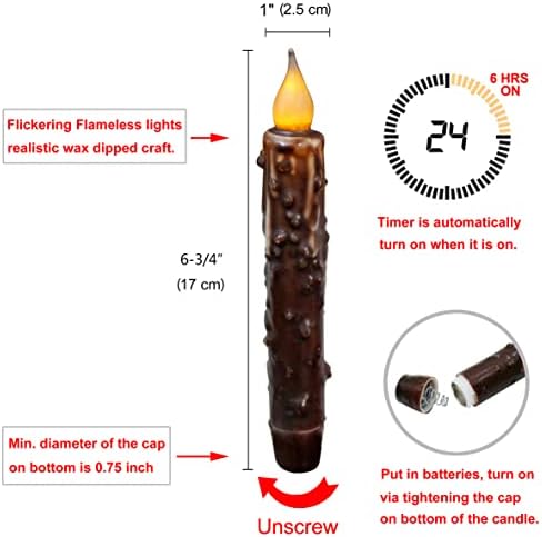 CVHOMEDECO. Real Wax Hand Dipped Battery Operated LED Timer Taper Candles Rustic Primitive Flameless Lights Décor, 6-3/4 Inch, Brwon, 6 PCS in a Package - Image 6