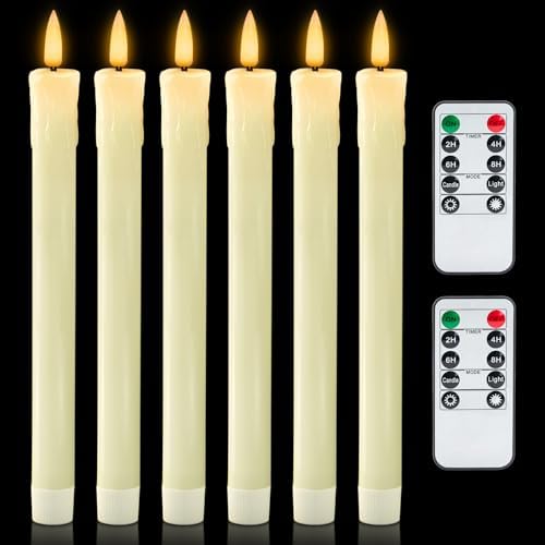Homemory 9.6 Inches Waxy Flameless Taper Candles with Remote Timer Dimmer, Flickering LED Candlesticks, Battery Operated Window Candle for Christmas Wedding Decor, 6 Pcs Ivory Drip Taper Candles by Homemory