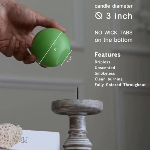 MOZEAL Hand-Poured, 3 Inch Green Round Ball Candles - Elegant Green Round Pillar Candles Set of 3, Dripless, Unscented, Smokeless, Ideal for Spring Celebrations. - Image 4