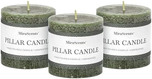 3x3 Inch Moss Green Pillar Candles - Set of 3, Long Clean Burning, Smokeless Dripless Candles for Spring Home Decor, Dinner Table, Bathroom, Rustic Decor by MiraScents