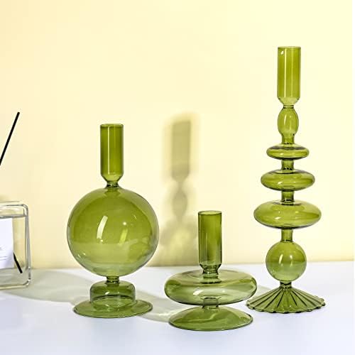 Rtteri 3 Pcs Iridescent Glass Candlestick Holders Taper Candle, Green by Rtteri