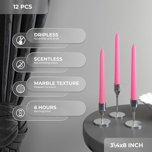 CANDWAX 8 inch Pink Taper Candles Set of 12 - Unscented Smokeless Dripless Tall Candlesticks - Perfect as Easter Candles and for Holidays, Ordinary Dinners and Special Occasions - Pink Candle Sticks - Image 3