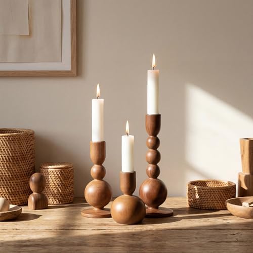 Tanlade 3 Pcs,Brown Wooden Candle Holders for Pillar Candle Stands - Image 3