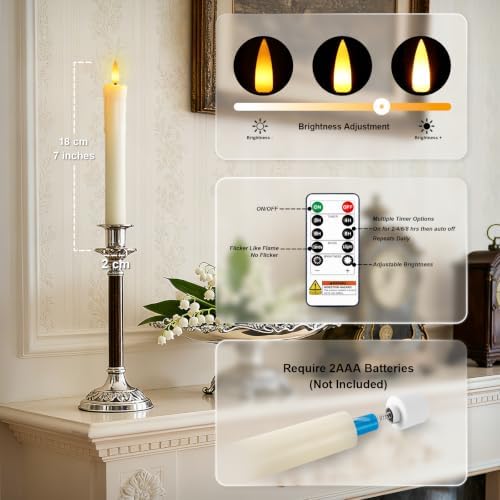 7 Inches Dripless Flameless Taper Candles with Remote Timer Dimmer, Real Wax Battery Candlesticks, 3D Flame Fake Candlesticks for Home Wedding Christmas Decor, Ivory, 6 Pcs - Image 2