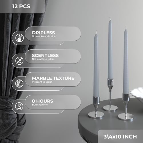 Candwax 10 inch Tapered Candles Set of 12 - Dripless and Unscented Candlesticks - Perfect as Dinner and Household - Light Gray - Image 4