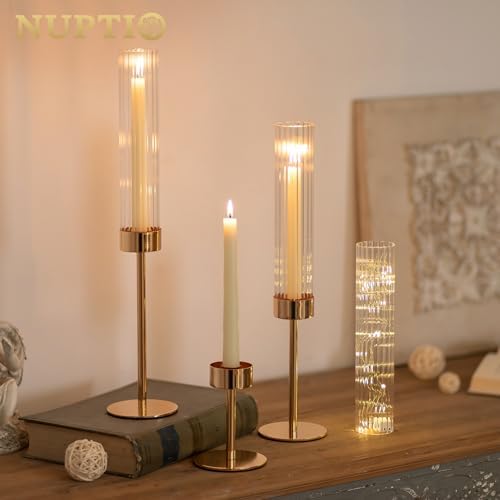 NUPTIO Hurricane Candle Holder for Centerpiece: Set of 6 Tall Candle Stick Holder with Ribbed Glass Cover - Bulk Fluted Taper Candlestick Decor for Living Room Thanksgiving Christmas - Image 2
