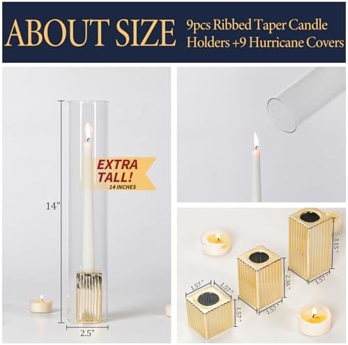 LETINE 14" Tall Hurricane Candle Holders with Gold Ribbed Taper Candle Holders Set of 9– Bulk Windproof Taper Candle Hurricane Glass for Outdoor&Indoors Wedding Centerpiece, Event & Home Decor - Image 3