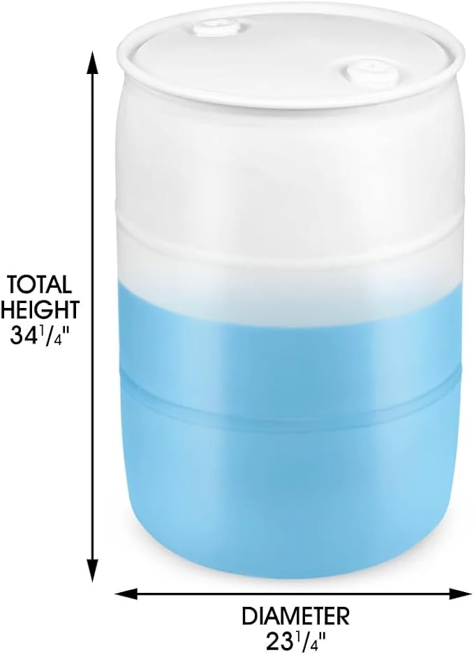 55 Gallon Water Storage Barrel, BPA Free, Emergency Water Supply - Eco Friendly - Made in USA (TRANSLUCENT WHITE)