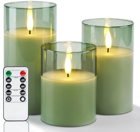 Amagic Green Glass Flameless LED Candles Battery Operated with Remote Timer by AMAGIC