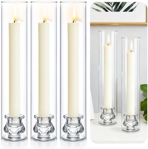 3 Set Hurricane Glass Candlestick Holders 12.6" Two Side Open Glass Candle Holders and 2.2" Taper Candlesticks Holder Bulk for Table Centerpiece Wedding Christmas Home Decor by Homjoy