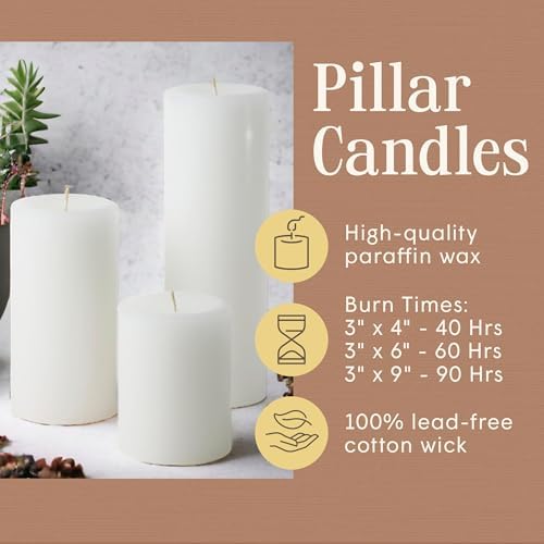 Mister Candle White Unscented Dripless Pillar Candles Set of 3, 3 Inch Diameter, Hand Poured, Premium Wax, Decorative Pillar Candles (3" x 4", 3" x 6", and 3" x 9", White) - Image 3