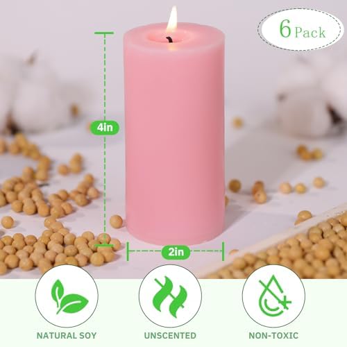 6 Pack Soy Pillar Candles, 2x4 Inch Unscented Pink Candles for Home Decor - Image 3