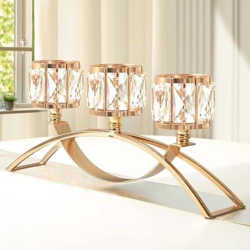 3 Arms Crystal Candle Holders, Arch Candlestick Table Candelabras Centerpieces for Wedding, Dinning Room, Cabinet Ornaments, Home Decoration， Gift (3-arm Arched, Gold) by kehail
