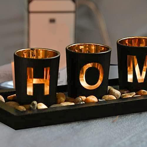 Home Decorative Candle Holder Set, 4 Glass Tea Light Candleholders with Wooden Candle Holders Tray, Natural Pebbles for Home Decor Table Decorations Centerpiece - Image 4