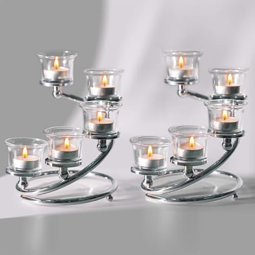 5-Piece Glass Tea Light Candle Holder Set, Black Metal Spiral Stand, Rotating Centerpiece for Table Decor (2, Silver) by KOLNLALA