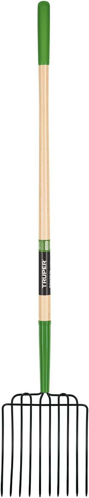 Truper Tru Tough 10-Tine Manure and Bedding Fork, 54-Inch Premium Ash Wood Handle, Forged Steel Head, Heavy-Duty Agricultural & Stable Tool (Model BPJ-10L / 30331)