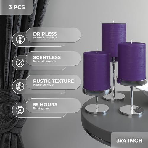 CANDWAX 3x4 inch Pillar Candles Set of 3 – Unscented Dripless Rustic Purple Candles for Wedding Centerpieces, Decor - Image 3