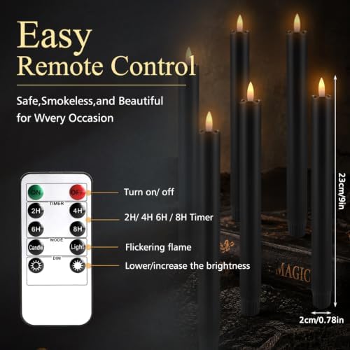 24 Pack Black Flameless Taper Candles with Remote, 9.5 Inch Battery Operated LED Candlesticks, Realistic 3D Flickering Flame, Real Wax Coating for Halloween, Gothic Wedding, Spooky Party & Home Decor - Image 5