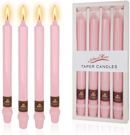 NJAO HOO Pink Candlesticks 10 Inch Handmade Dripless Taper Candles Unscented Colored Candle Set, Pack of 4 - Up to 9-11 Hours Burn by NJAOHOO