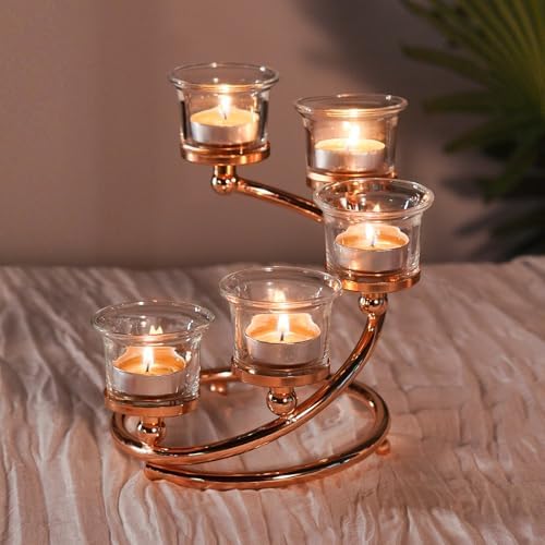 1Pc Gold 5-arm Metal & Glass Tea Light Candle Holders for Table Centerpiece, Glass Votive Tealight Holders/Candelabra Candlestick Holders for Wedding,Party, Anniversary,Christmas - Image 5