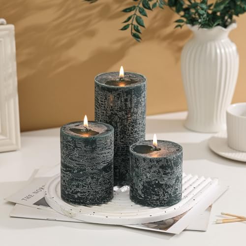 3x3 Inch Dark Green Pillar Candles Set of 3 - Hand-Poured Unscented Candles, Long Clean Burning, Dusty Sage Candle, Smokeless Dripless Candle for Dinner Table, Wedding, Home, Rustic Decor - Image 3